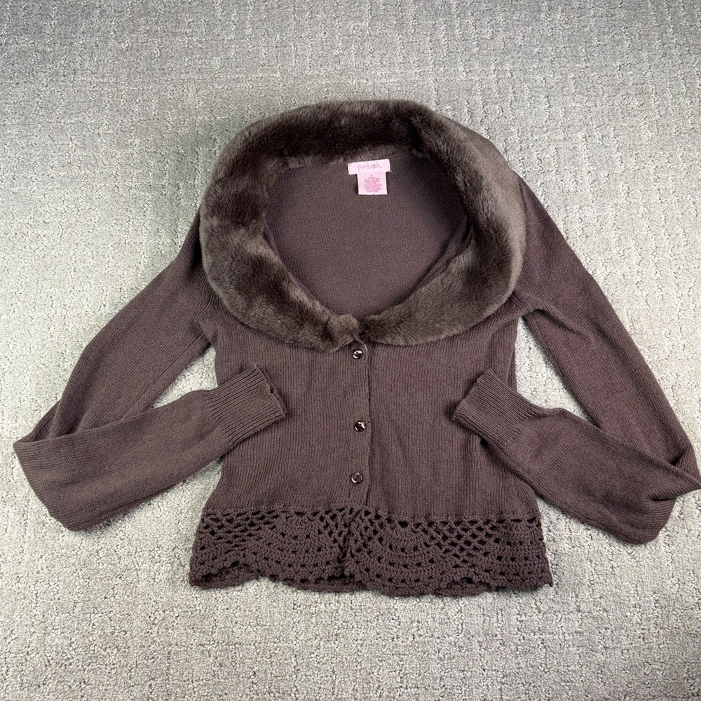 Pinkish Y2K Brown Knit Cardigan Faux Fur Collar Crochet Hem Sweater Size S